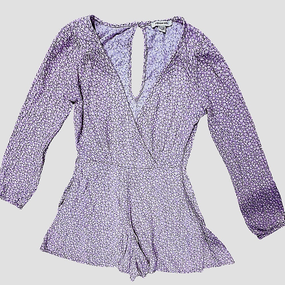 American Eagle Purple and White Boho Floral Cottagecore Long Sleeve Romper Sz XS